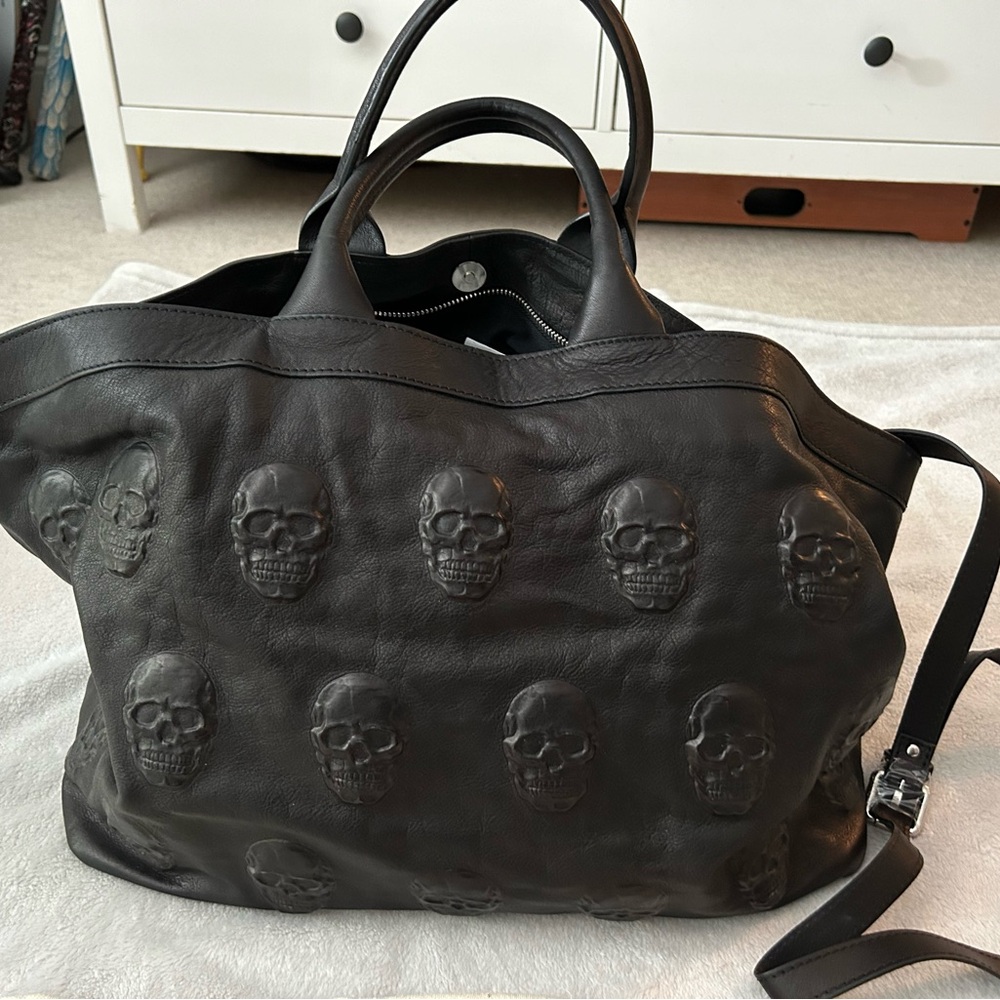 Leather Black Scull Embossed Tote Bag